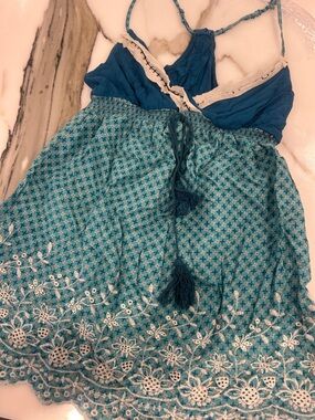 Teal Blue Boho Embroidered Babydoll Summer Top-S-NWT